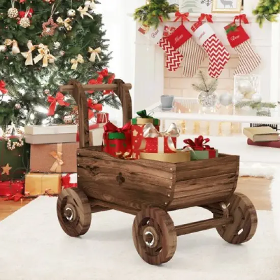 Tangkula Wooden Wagon Planter Box Decorative Garden Planter w/ Wheels Handle Drain Hole Rustic Wooden Flower Planter image {2}