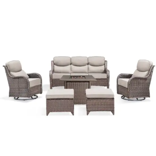 Gymojoy 6 Pieces Outdoor Patio Wicker Sofa Swivel Chair Ottoman with 6 Inch Cushions and Fire Pit Table image {2}