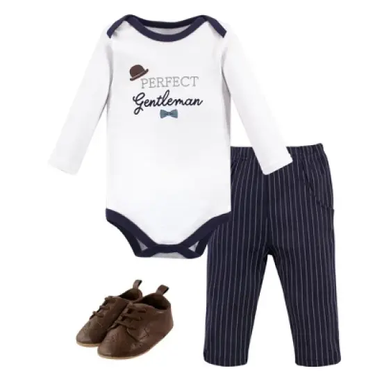 Little Treasure Baby Boy Cotton Bodysuit, Pant and Shoe 3pc Set, Gentleman Navy image {1}