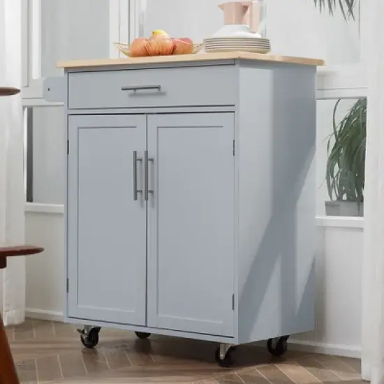 HOMCOM Kitchen Island Cart Rolling Trolley Cart with Drawer, Storage Cabinet & Towel Rack, Gray image {1}