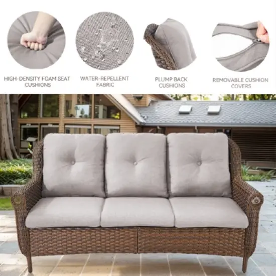 POCASSY 68" Wide Outdoor 3-Seater Sofa Patio Couch, All Weather Brown Wicker Patio Couch with Cushions for Porch Deck Backyard Pool image {3}