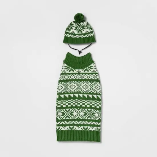 Snow Shoe Lodge Fairisle Cat and Dog Sweater - Green/Cream - Wondershop&trade; image {4}