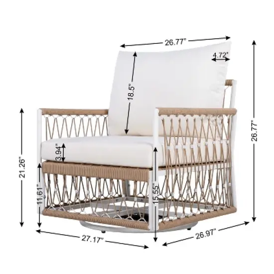 FIONECA 3-Piece Bohemian Outdoor Set &uml;C 2 Swivel Rope Chairs & Glass-Top Table, Waterproof Cushions, Powder-Coated Steel, Patio/Garden/Pool image {2}