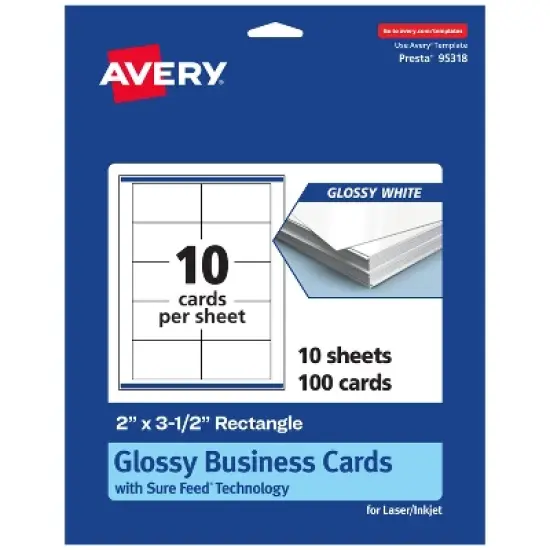Avery Printable Rectangle Business Cards with Sure Feed Technology, 2" x 3-1/2", Glossy White Cardstock, Laser/Inkjet, 100 Total image {9}