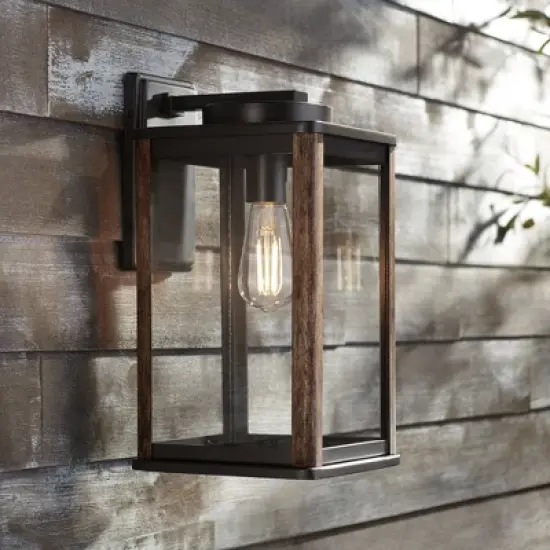 John Timberland Wordsworth Field Rustic Farmhouse Outdoor Wall Light Fixture Dark Bronze Wood Grain 14 1/4" Clear Glass Panels for Post Exterior Deck image {1}