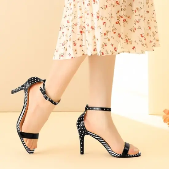 Perphy Women's Stiletto Heels Stripe Polka Dots Ankle Strap Sandals image {1}