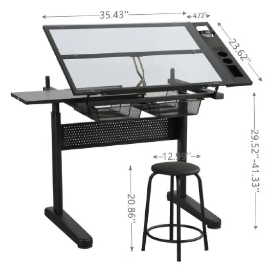 Gulches Black Hand Crank Adjustable Drafting Table with 2 Metal Drawers Stool 5mm Tempered Glass Top 75 105cm Height image {1}