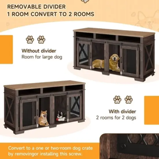 71" Dog Crate Furniture, Double Dog Crate Table, Double Dog Kennel Furniture With 3 Storages And Removable Divider For Large Medium Dogs image {2}