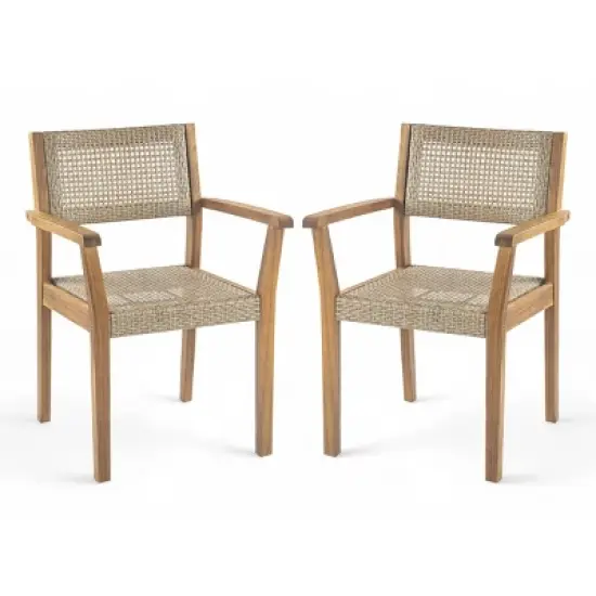 2pc Outdoor Dining Chairs, Solid Acacia Wood Frame with Wicker Backrest, Weather-Resistant Patio Seating for Garden or Deck - Coolbibila image {2}