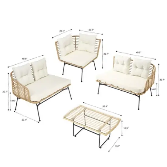 4 Pieces Patio Furniture Set,Boho L-Shaped Sofa Outdoor Furniture Lounge Set Conversation Sectional with Thick Cushions image {6}