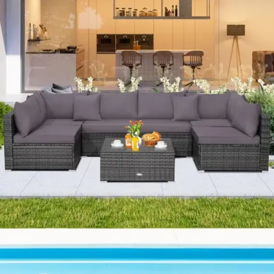 Costway 7PCS Patio Rattan Furniture Set Sectional Sofa Cushioned Garden image {10}