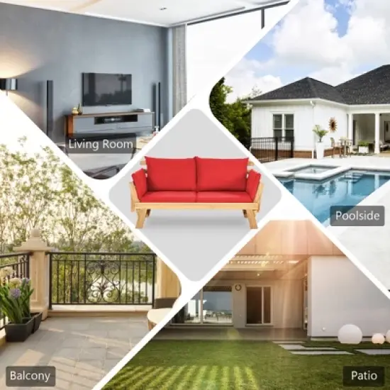 Tangkula Adjustable Patio Sofa Daybed Acacia Wood Furniture w/ Red Cushions image {4}