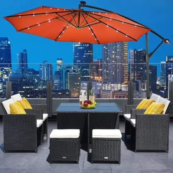 Costway 10' Hanging Solar LED Umbrella Patio Sun Shade Offset Market W/Base Orange image {7}