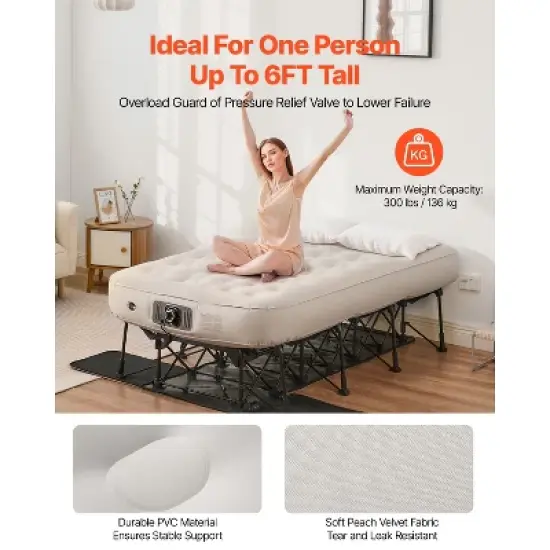 VEVOR Air Mattress with Frame, Inflatable 1 Person Camping Cot with Built-in Pump, Portable Folding Air Beds Supports 300 lbs, Blow Up Anywhere Bed image {4}