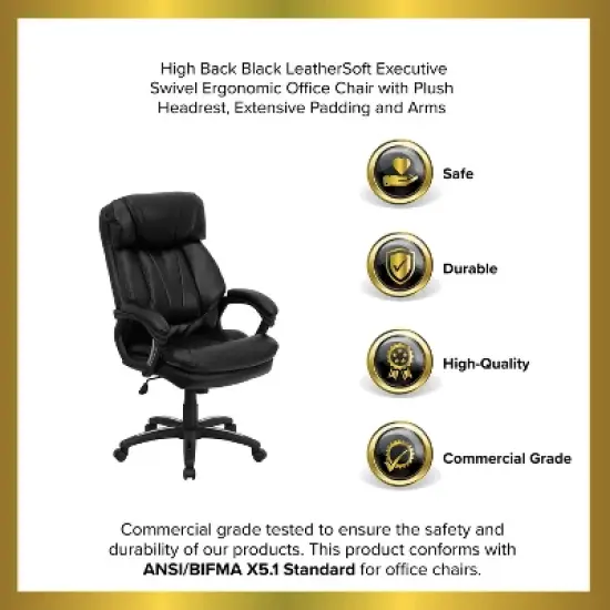 Emma and Oliver High Back Black LeatherSoft Extensive Padding Swivel Ergonomic Office Arm Chair image {6}