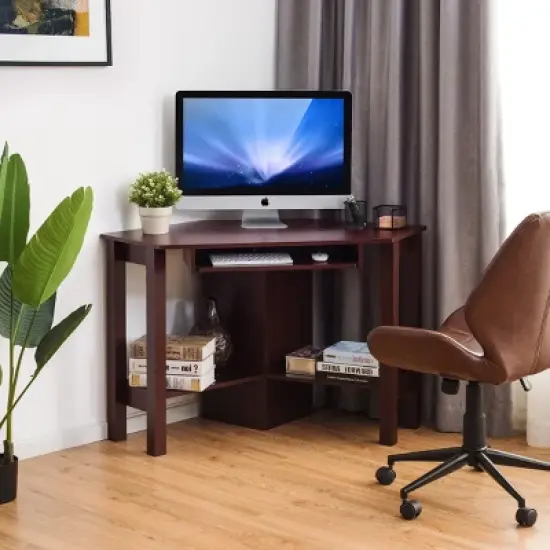 Tangkula Wooden Corner Computer Desk with Drawer Office Study Table Black/Walnut/White image {1}