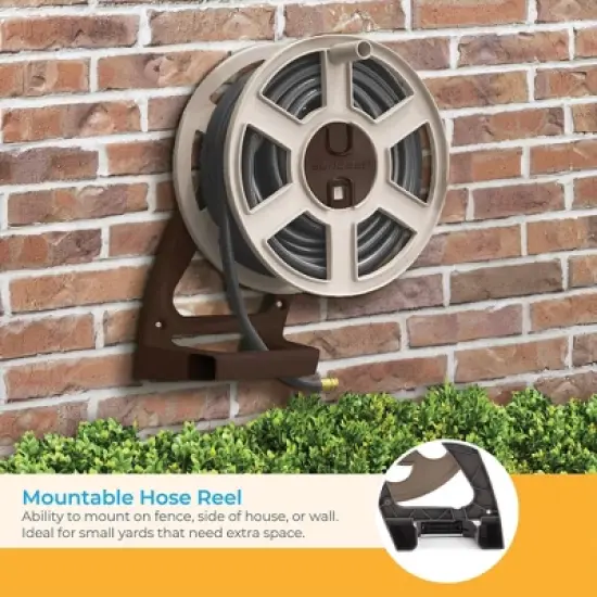 Suncast Sidewinder Wall Mount Garden Hose Reel for Lawn & Outdoor Use, 100 Feet Capacity for 5/8 Inch Standard Vinyl Hose w/ Leader Hose, Light Taupe image {4}