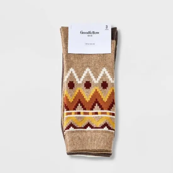 Men's Striped Autumn Fairisle Crew Socks 3pk - Goodfellow & Co&trade; Tan/Brown/Yellow 6-12 image {2}