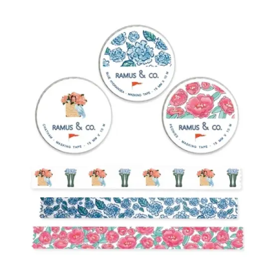 Illustrated Masking Tape by Ramus & Co - 3ct Rolls, Assorted Rolls (Chatham + Hydrangeas + Peonies) image {4}