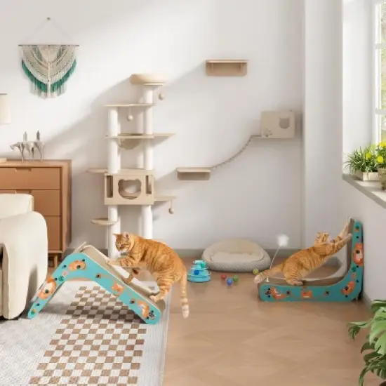 SEVOBAL L-Shape Cat Scratcher Lounge Corrugated Cardboard Scratching Pad for Indoor Cats Durable Cat Furniture with Feather Spring Toy Cartoon Design image {4}