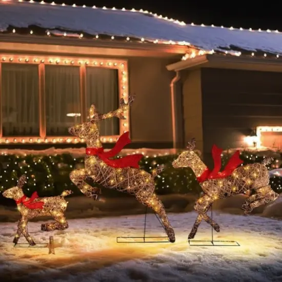 LuxenHome 3-Piece Natural and Plastic Rattan Running Reindeer Holiday Decoration Set with Lights Brown image {5}