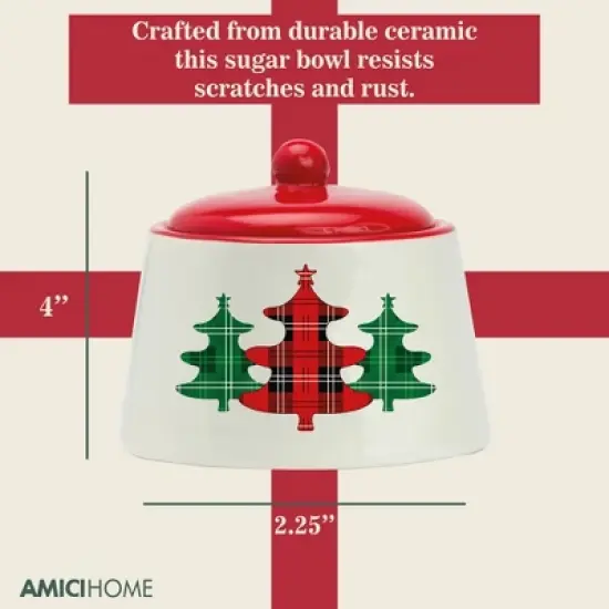 Amici Home Christmas Sugar Bowl with Lid - 8-Ounce Ceramic Container for Salt, Sugar, Spices - Festive Plaid Xmas Tree Kitchen Sugar Bowl image {3}
