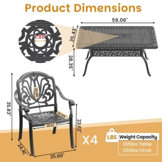 5-Piece Cast Aluminum Outdoor Dining Set: Rectangle Table, Stackable Chairs & Brown Cushions - All-Weather Patio Furniture for Your Backyard image {3}