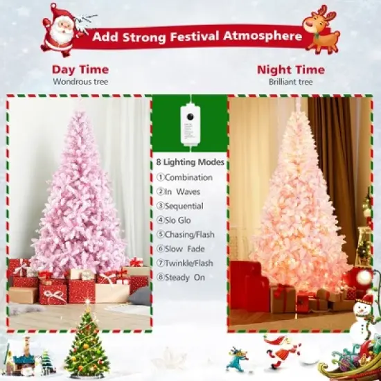 Costway 7.5FT Pre-Lit Snow Flocked Pink Christmas Tree 1100 Tips w/ 450 Lights & 8 Modes image {6}