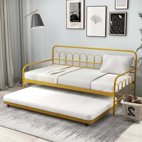 Costway Twin Size Metal Daybed with Trundle Space-Saving Sofa Bed Lockable Wheels Gold image {1}