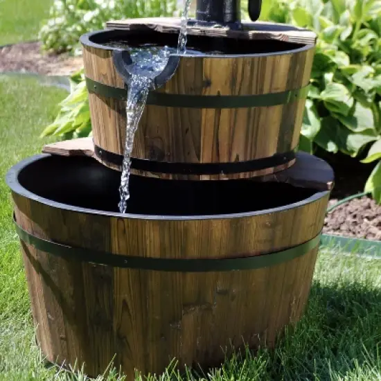 Sunnydaze 34"H Electric Fir Wood 2-Tier Farmhouse Barrel with Metal Decorative Hand Pump Outdoor Water Fountain image {6}
