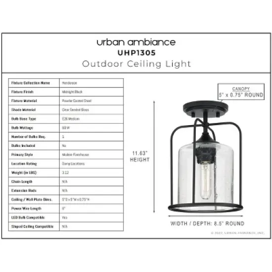 Urban Ambiance Luxury Farmhouse Outdoor Ceiling Light 11.625''H x 8.5''W,  Midnight Black Finish,  Henderson Collection, UHP1305 image {3}