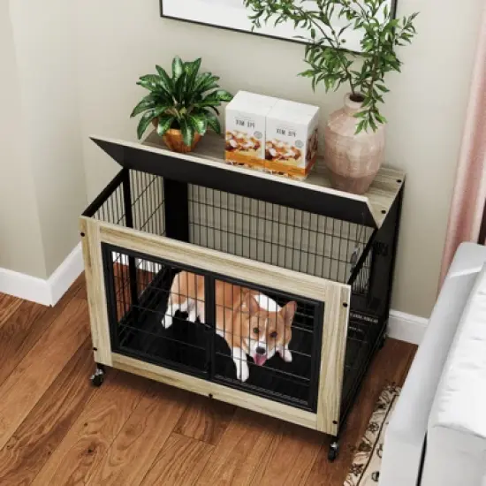 Tangkula Dog Crate Furniture Industrial Dog Kennel w/ Flip-up Top Decorative Pet House image {2}