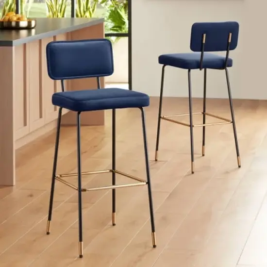 Studio 55D Marc Swivel Bar Stools Set of 2 Black Gold 29 1/4" High Mid Century Modern Blue Cushion Backrest Footrest Kitchen Counter Height Island image {1}