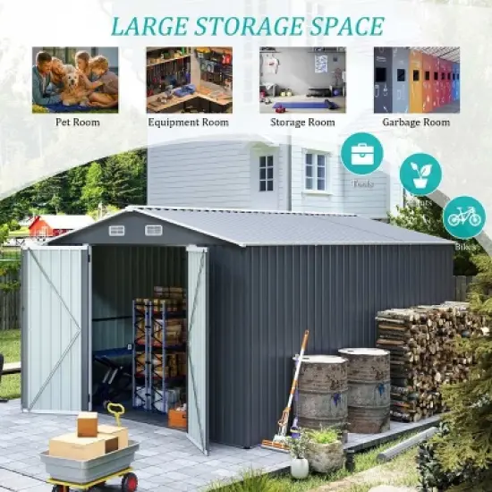 9&times;11 FT Metal Storage Shed with 3 Lockable Doors and 4 Vents, Outdoor Utility Garden Tool Shed, Steel Waterproof Backyard Storage Shed-Coolbibila image {4}