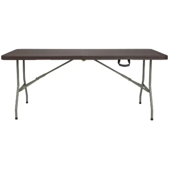 Emma and Oliver 6-Foot Bi-Fold Brown Rattan Plastic Folding Table with Handle - Event Table image {4}