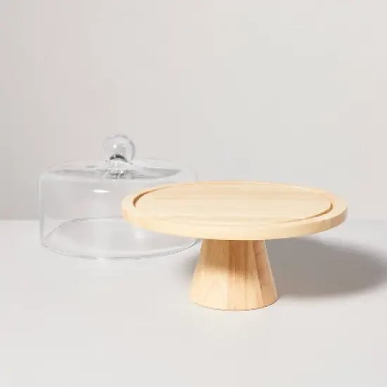 11.5" Wooden Cake Stand with Glass Cloche - Hearth & Hand&trade; with Magnolia: Rubberwood Pedestal, Farmhouse Style image {2}