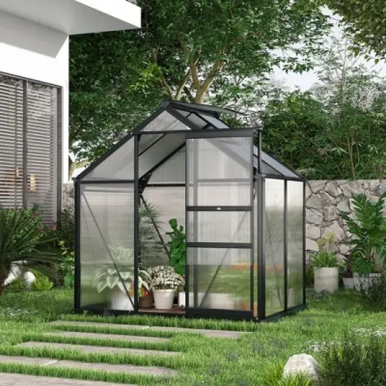 Outsunny Polycarbonate Greenhouse, Heavy Duty Outdoor Aluminum Walk-in Green House Kit with Vent & Door for Backyard Garden, Gray image {2}