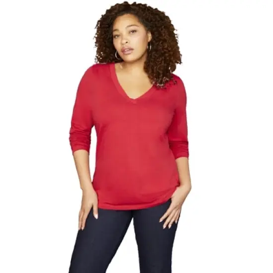 June + Vie by Roaman's Women&rsquo;s Plus Size Long-Sleeve V-Neck One + Only Tee image {3}
