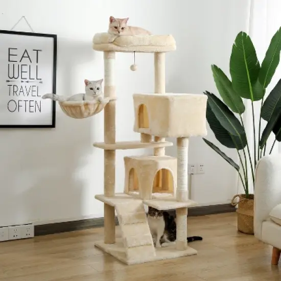 DOMETOUR Multi-Functional 56.2"H Cat Tree Cat Climbing Frame, Cat Tower with Scratching Post/2 Condos/Top Perch/Hammock/Ladder/Dangling Ball image {4}