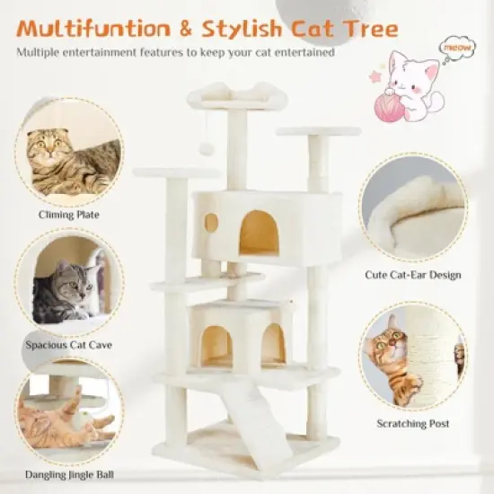 Aukfa 54-Inch Cat Tree Tower with Scratching Posts, Double Condos & Dangling Toys - Beige Pet Playhouse for Kittens and Cats, Multicolor image {4}