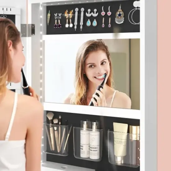 VECELO Mirrored Jewelry Cabinet Wall, Door Mounted Jewelry Organizer with LED Lights and Lockable Full Length Mirror, White image {10}