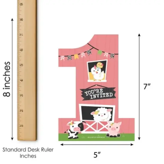 Big Dot of Happiness 1st Birthday Girl Farm Animals - Shaped Fill-In - Pink Barnyard First Birthday Party Invitation Cards with Envelopes - Set of 12 image {4}