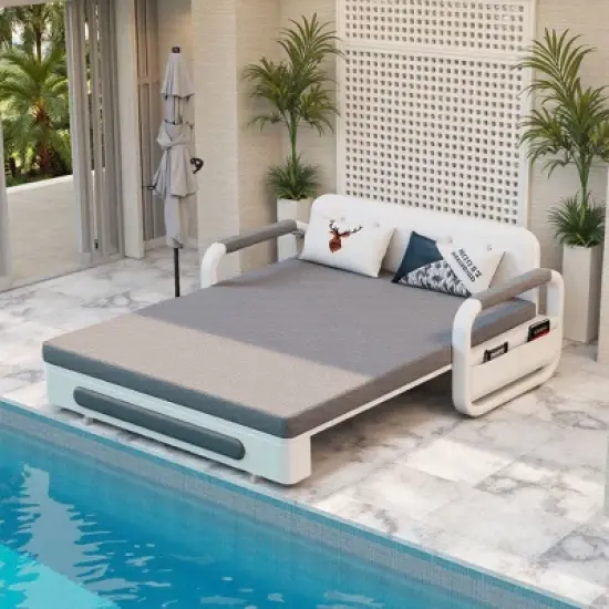 Luck Live Modern Patio Sofas 50.3in extendable pull Outdoor Sofa bed,Solid wood & White metal frame/Gray cushion with storage function image {3}