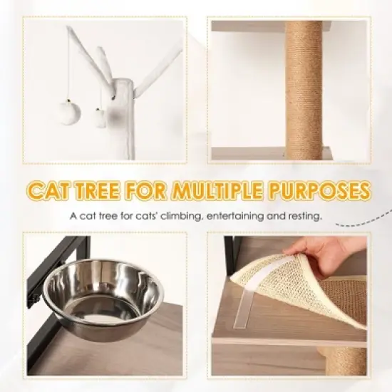 SEVOBAL Pet Tower All-in-One Cat Tree with Litter Box Enclosure, Featuring Hammock, Bed, Food Station, Scratching Posts, Beige, 29.53"*22.05"*6.5" image {4}