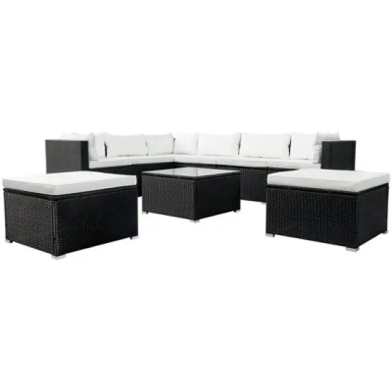 9pc Wicker Patio Seating Set with Cushions - Black/Beige - GODEER image {9}