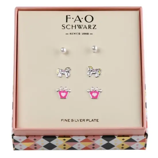 FAO Schwarz Enamel Unicorn, Crown and Pearl Trio Earring Set image {1}