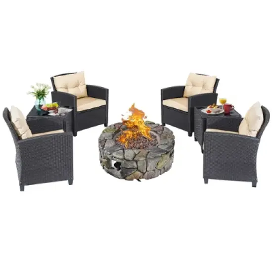 Costway 7PCS Patio Wicker Furniture Set Gas Fire Pit Sofa Side Table Cushioned image {1}