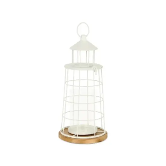 HomeRoots 15" White And Natural Metal And Wood Lighthouse Tabletop Lantern Candle Holder image {3}