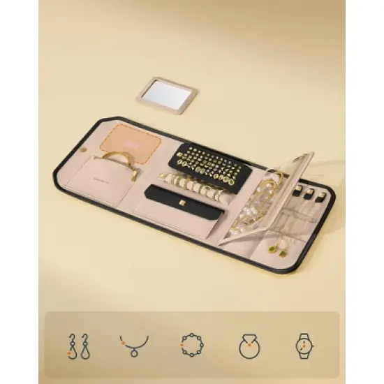 Travel Jewelry Case, Foldable Jewelry Organizer with Mirror, Large Capacity Jewelry Roll, Woven Embossed PU Leather, Gift Idea image {2}