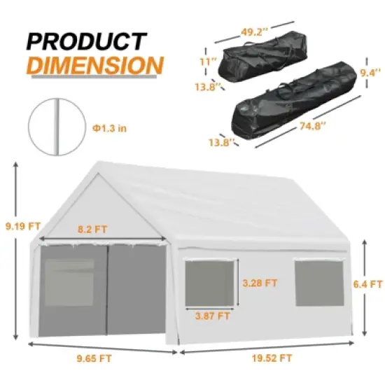 Aoodor Vehicle Carport Canopy, Heavy Duty Iron Frame Portable Garage with Removable Sidewalls and Roll-up Windows and Doors, Party Tent Boat Shelter image {4}